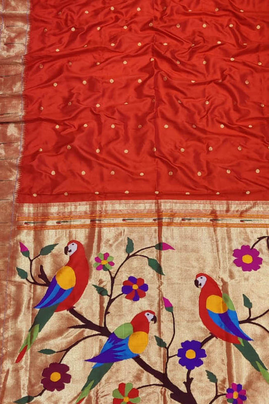 Red Handloom Paithani Pure Silk Parrot Design Muniya Border Saree - Luxurion World