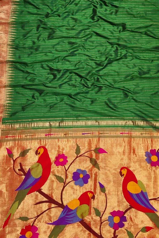Green Handloom Paithani Pure Silk Parrot Design Muniya Border Saree - Luxurion World
