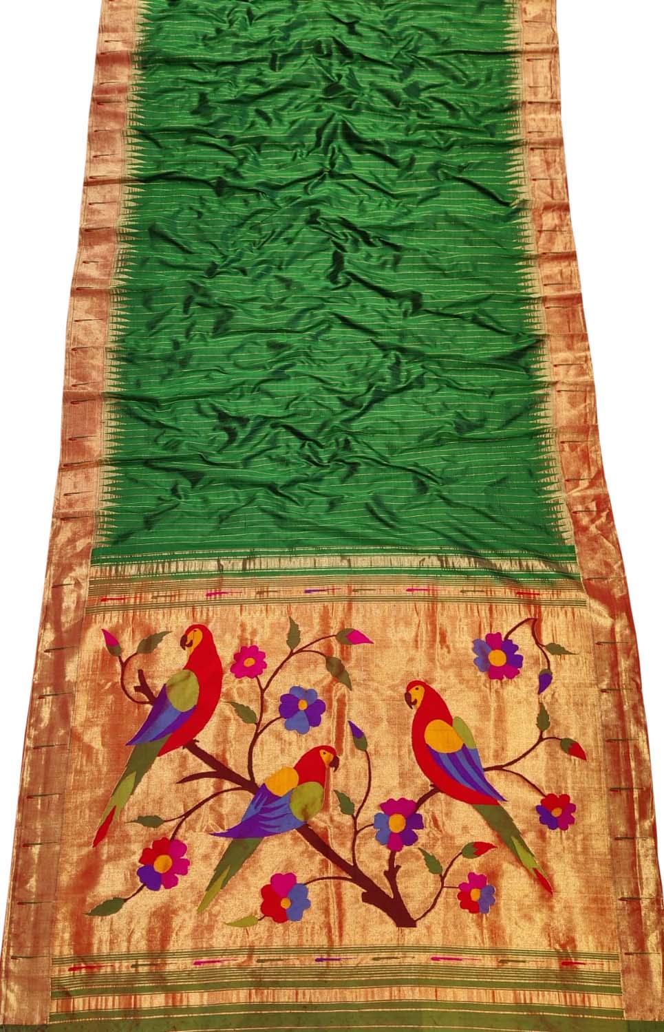 Green Handloom Paithani Pure Silk Parrot Design Muniya Border Saree - Luxurion World