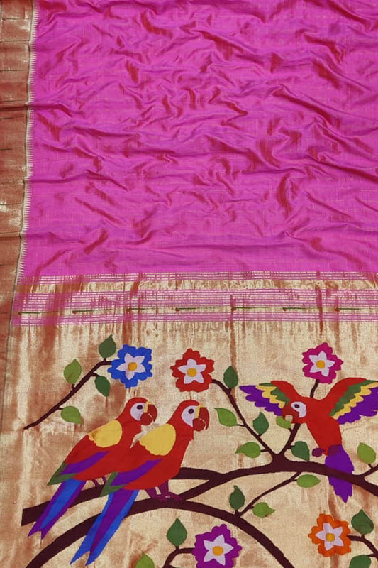 Pink Handloom Paithani Pure Silk Parrot Design Muniya Border Saree - Luxurion World