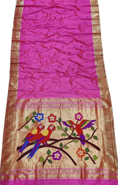Pink Handloom Paithani Pure Silk Parrot Design Muniya Border Saree - Luxurion World