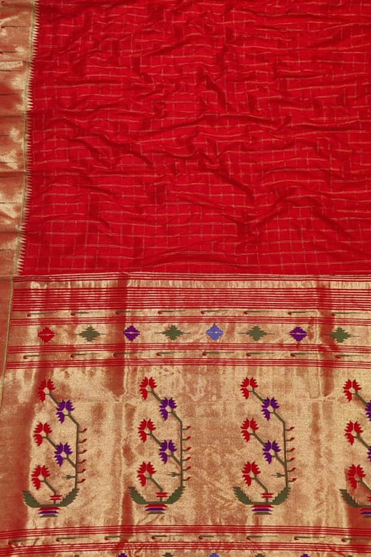 Red Handloom Checks Paithani Pure Silk Muniya Border Saree - Luxurion World