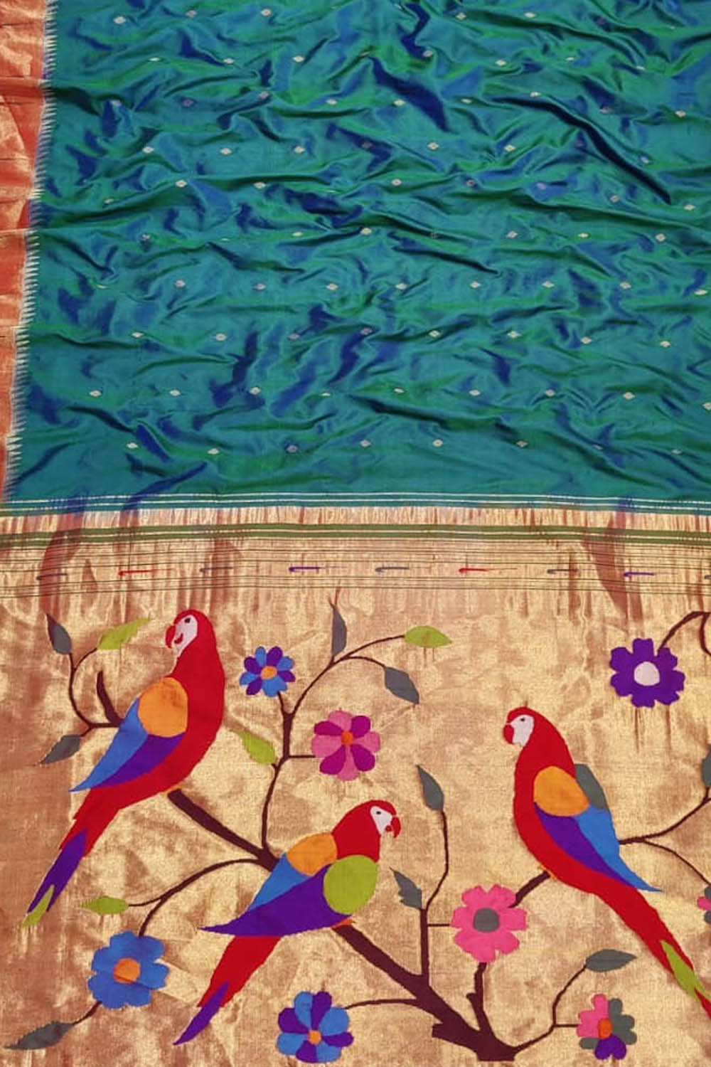 Green Handloom Paithani Pure Silk Parrot Design Muniya Border Saree - Luxurion World