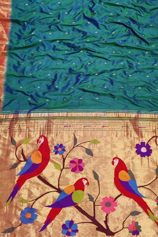 Green Handloom Paithani Pure Silk Parrot Design Muniya Border Saree - Luxurion World