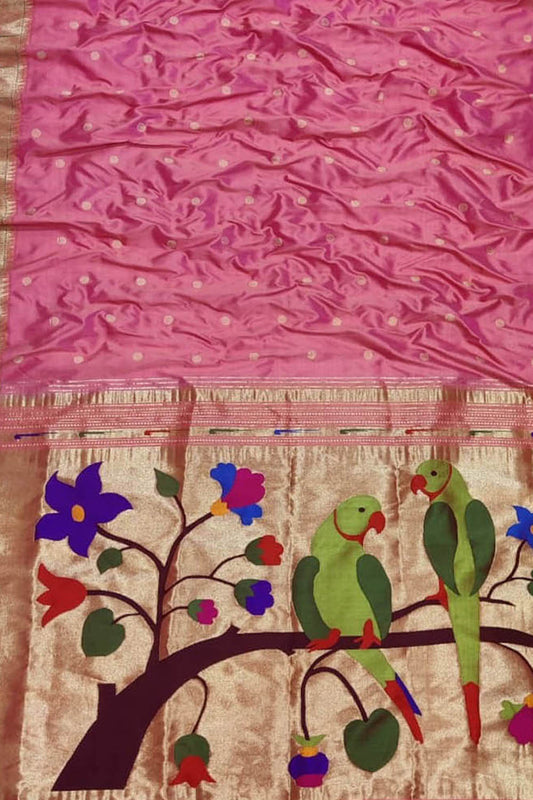 Pink Handloom Paithani Pure Silk Parrot Design Muniya Border Saree - Luxurion World