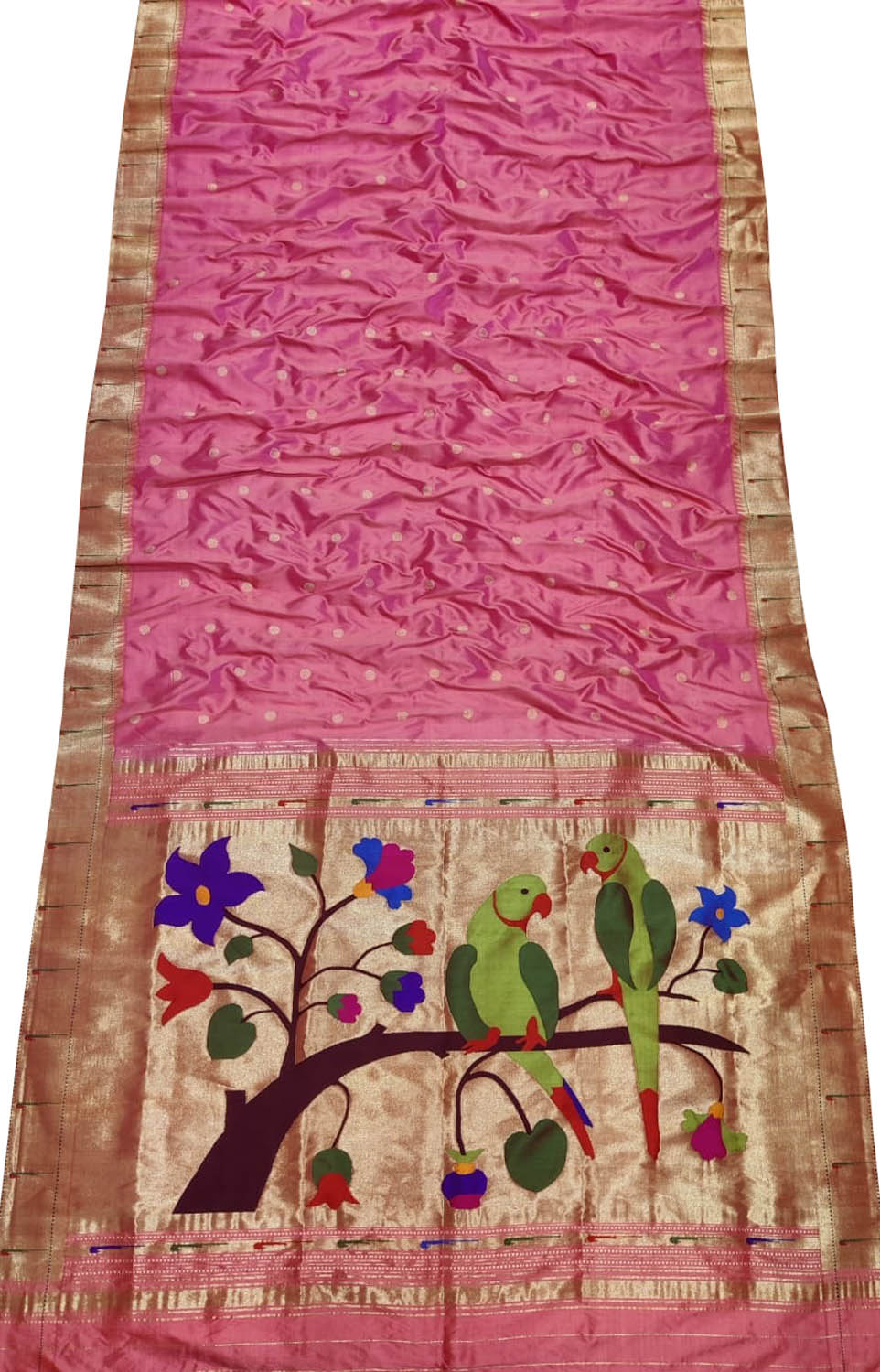 Pink Handloom Paithani Pure Silk Parrot Design Muniya Border Saree - Luxurion World