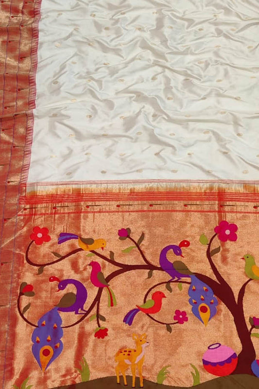 Off White Handloom Paithani Pure Silk Muniya Border Figure Work Saree - Luxurion World