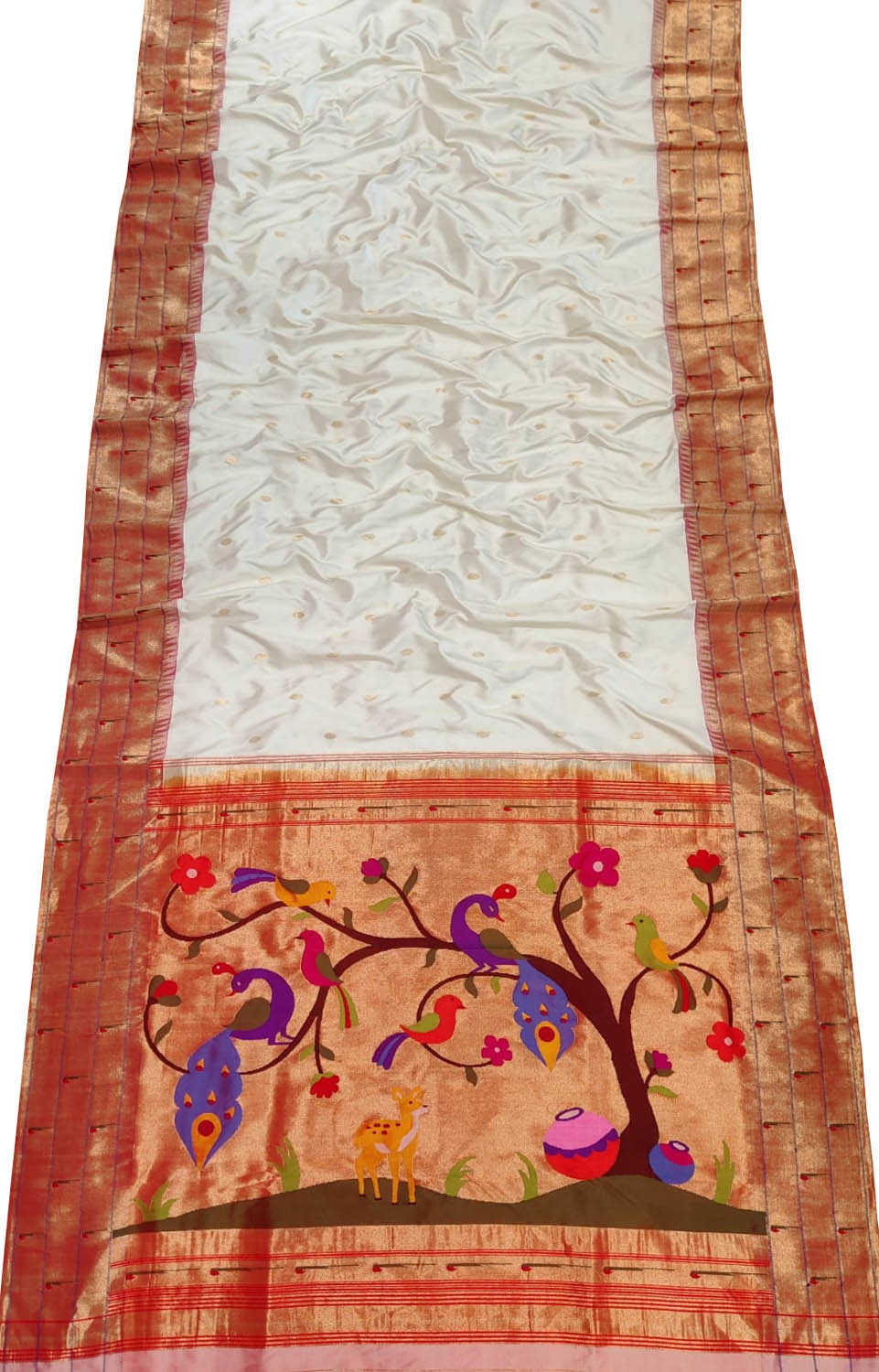 Off White Handloom Paithani Pure Silk Muniya Border Figure Work Saree - Luxurion World