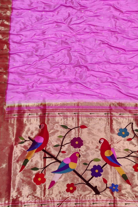 Pink Handloom Paithani Pure Silk Parrot Design Muniya Border Saree - Luxurion World