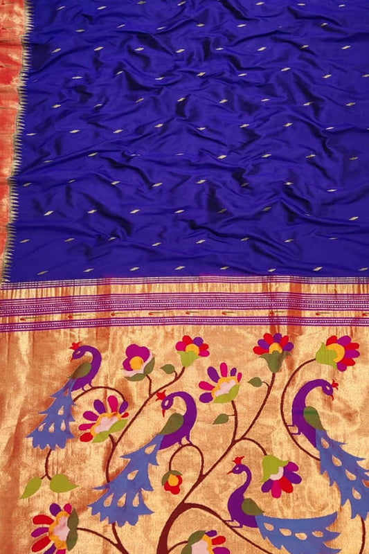 Blue Handloom Paithani Pure Silk Peacock Design Muniya Border Saree - Luxurion World