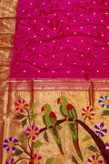 Pink Handloom Paithani Pure Silk Parrot Design Muniya Border Saree - Luxurion World