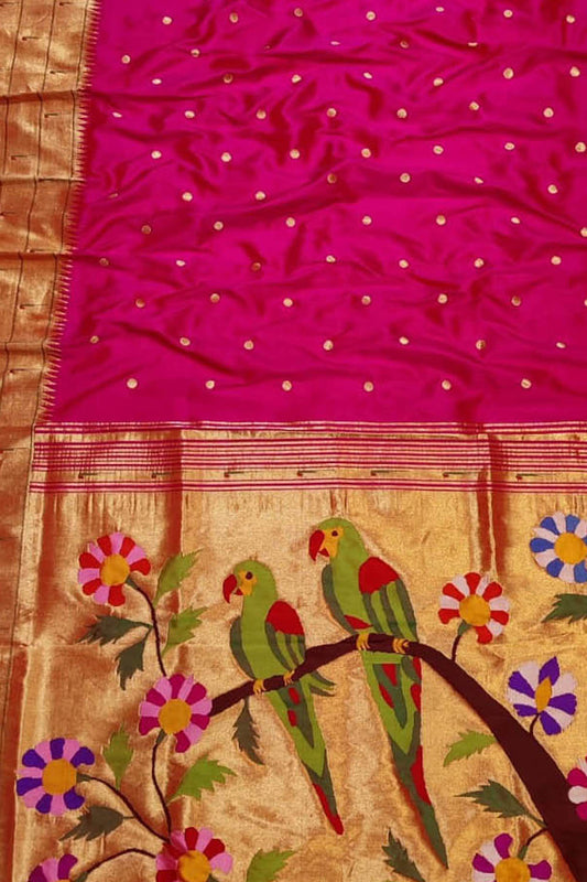 Pink Handloom Paithani Pure Silk Parrot Design Muniya Border Saree - Luxurion World