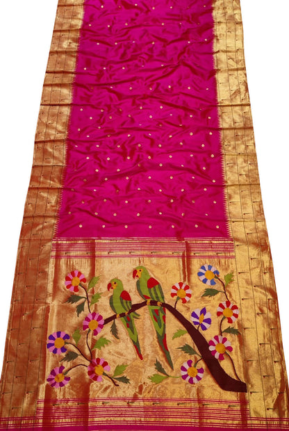 Pink Handloom Paithani Pure Silk Parrot Design Muniya Border Saree - Luxurion World