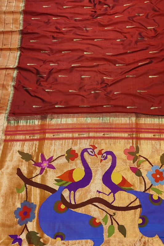 Maroon Handloom Paithani Pure Silk Muniya Border Peacock Design Saree - Luxurion World