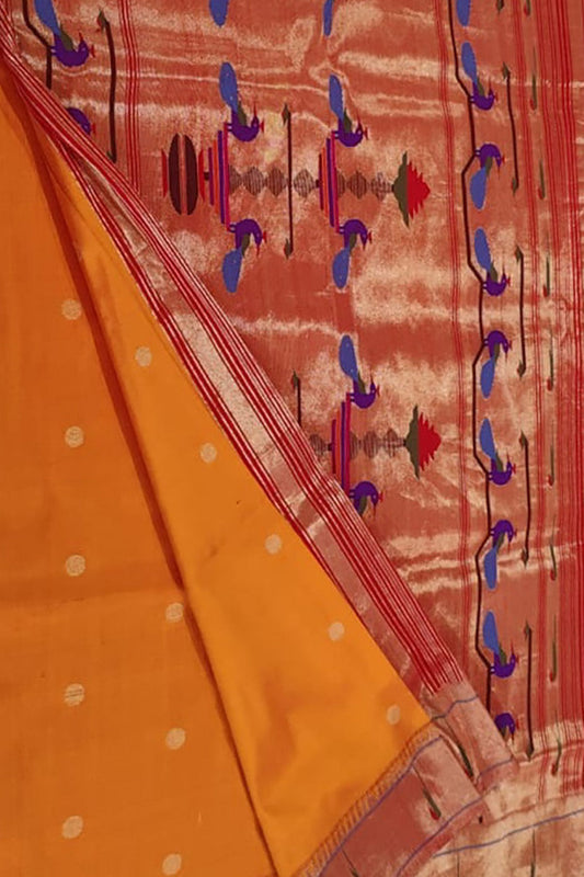 Yellow Handloom Paithani Pure Silk Single Muniya Border Peacock Design Saree - Luxurion World