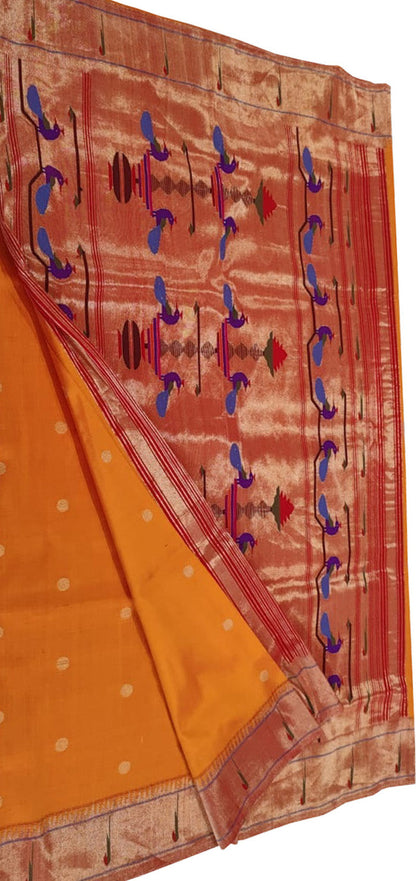 Yellow Handloom Paithani Pure Silk Single Muniya Border Peacock Design Saree - Luxurion World