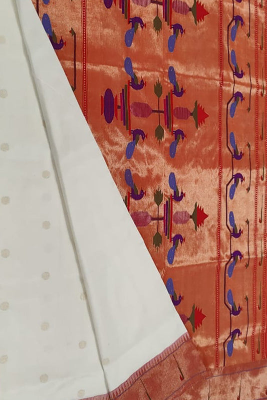 Off White Handloom Paithani Pure Silk Single Muniya Border Peacock Design Saree - Luxurion World