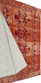 Off White Handloom Paithani Pure Silk Single Muniya Border Peacock Design Saree - Luxurion World