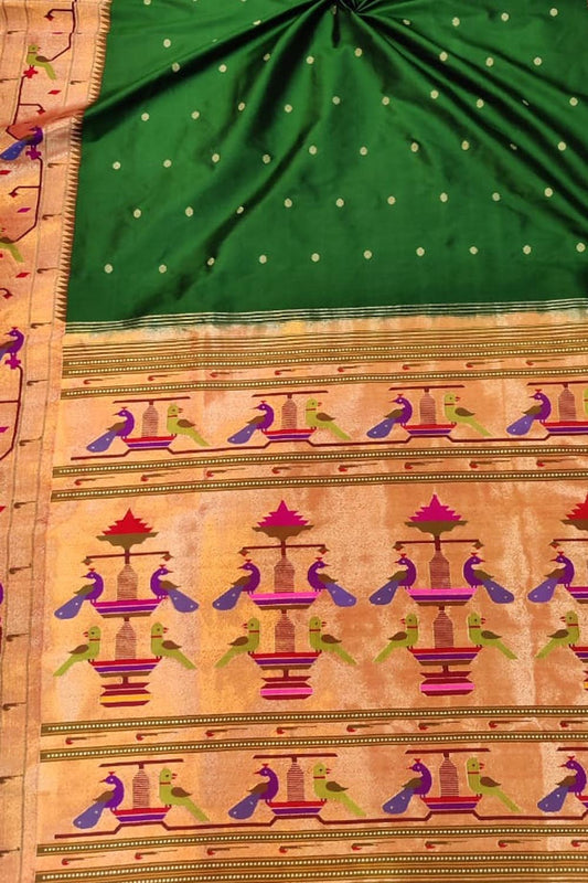 Green Handloom Paithani Pure Silk Saree - Luxurion World