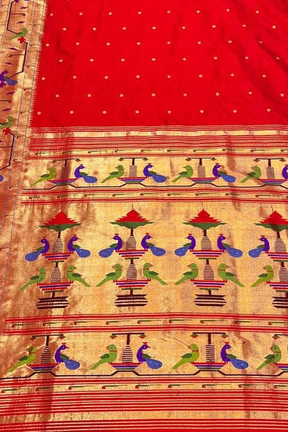Red Handloom Paithani Pure Silk Floral Design Saree