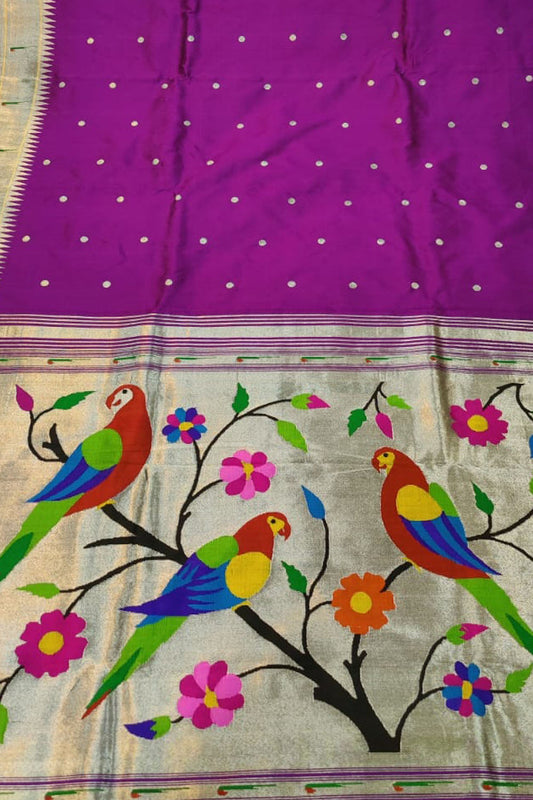 Stunning Purple Handloom Paithani Silk Saree with Muniya Border - Luxurion World