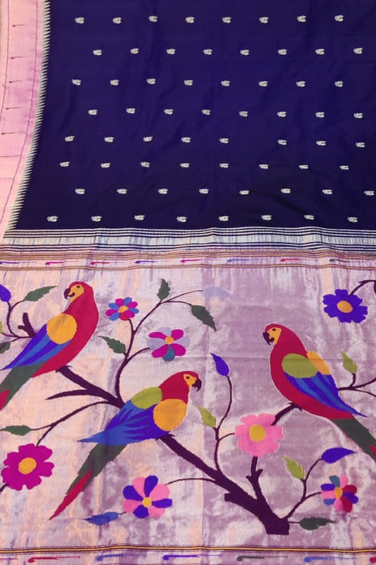 Pure Silk Blue Handloom Paithani Saree with Muniya Border - Elegant and Timeless - Luxurion World