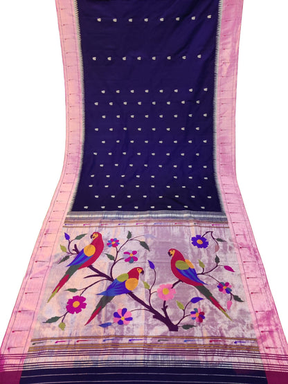 Pure Silk Blue Handloom Paithani Saree with Muniya Border - Elegant and Timeless - Luxurion World