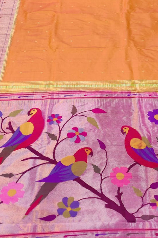 Pure Silk Orange Handloom Paithani Saree with Muniya Border - Elegant and Traditional - Luxurion World