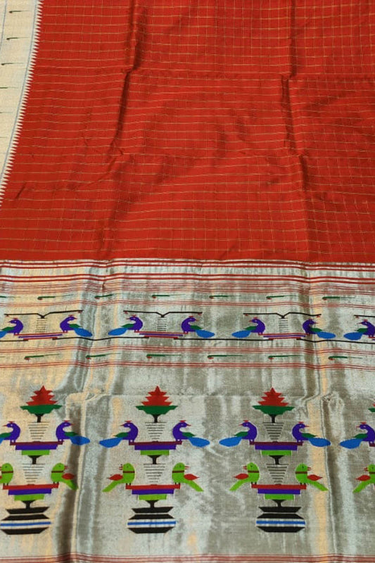 Stunning Orange Handloom Paithani Silk Saree with Muniya Border - Luxurion World