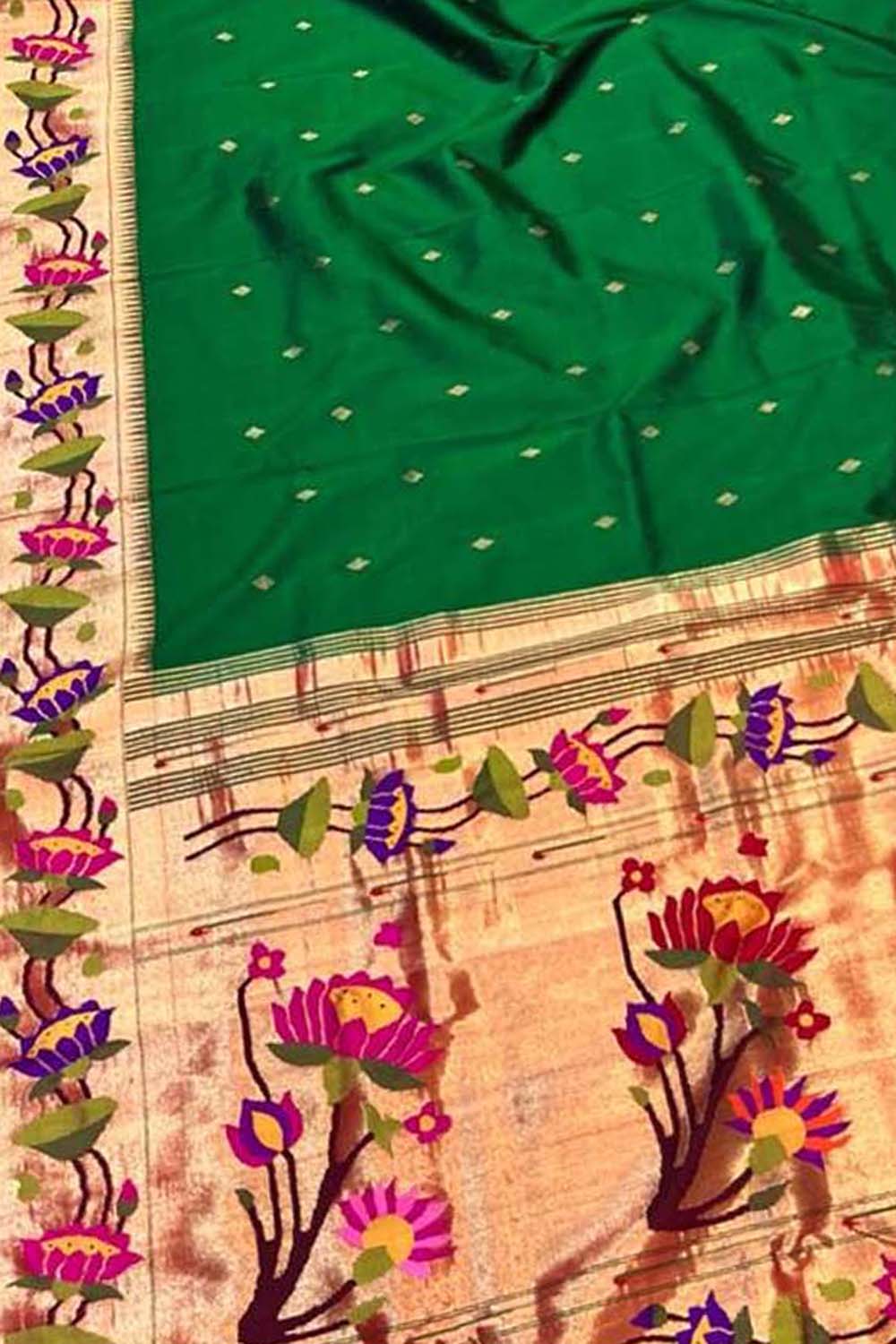 Green Paithani Handloom Pure Silk Lotus Design Saree - Luxurion World
