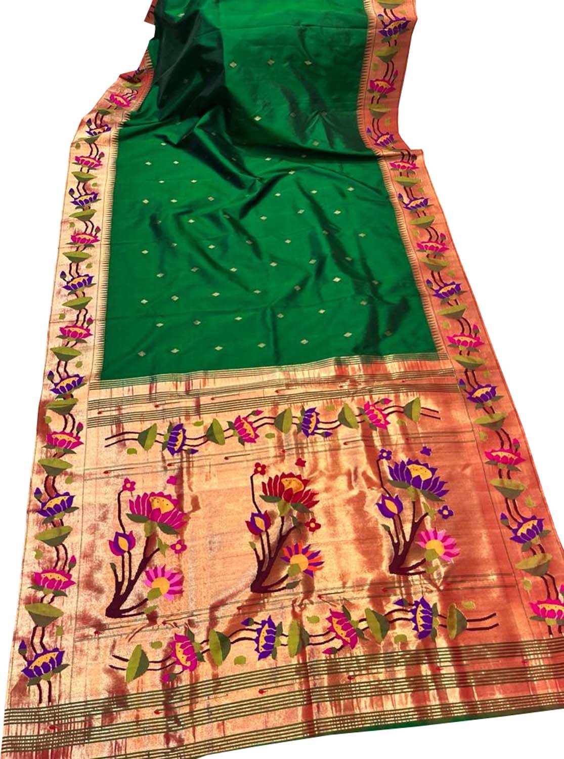 Green Paithani Handloom Pure Silk Lotus Design Saree - Luxurion World