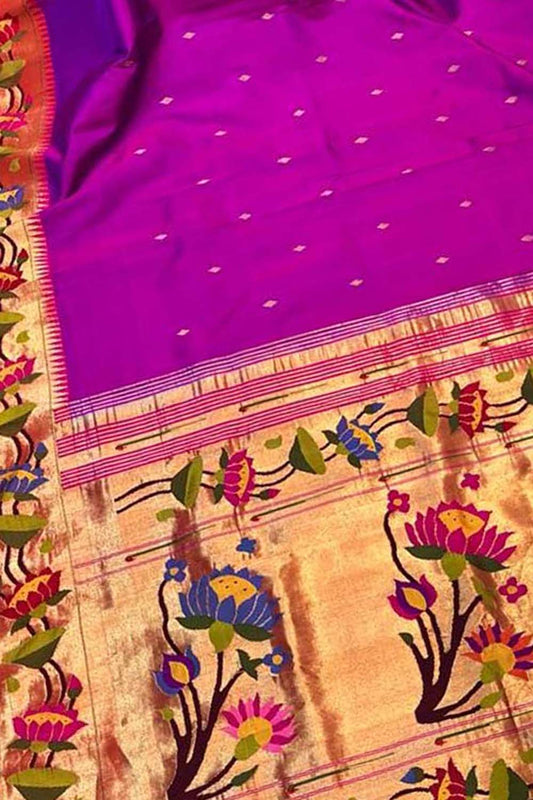 Purple Paithani Handloom Pure Silk Lotus Design Saree - Luxurion World