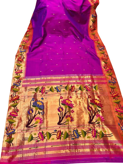 Purple Paithani Handloom Pure Silk Lotus Design Saree - Luxurion World