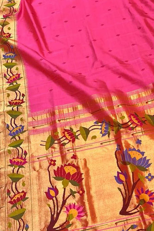 Pink Paithani Handloom Pure Silk Lotus Design Saree - Luxurion World