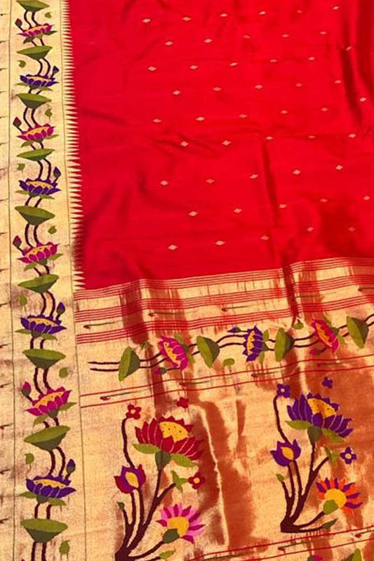 Red Paithani Handloom Pure Silk Lotus Design Saree - Luxurion World