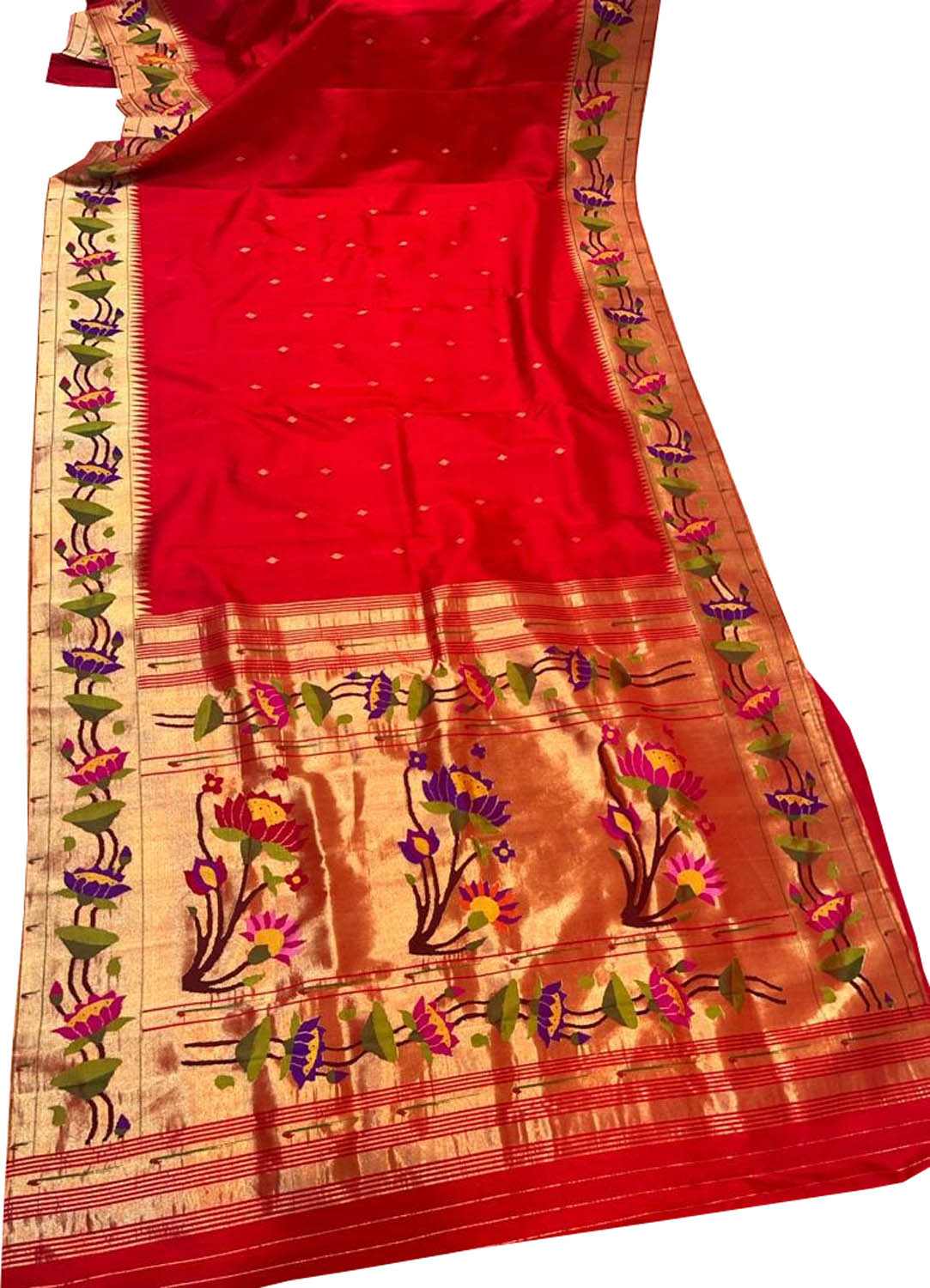 Red Paithani Handloom Pure Silk Lotus Design Saree - Luxurion World