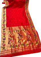 Red Paithani Handloom Pure Silk Lotus Design Saree - Luxurion World