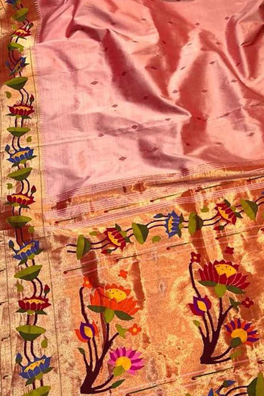 Pink Paithani Handloom Pure Silk Lotus Design Saree - Luxurion World