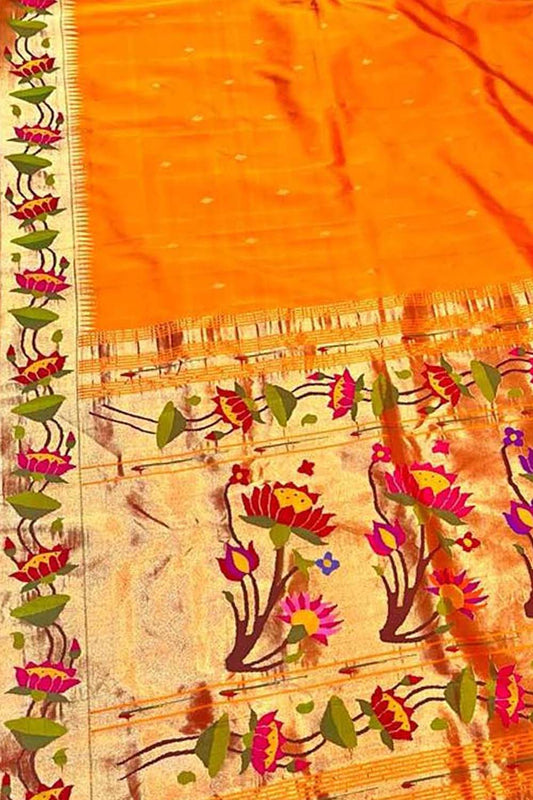 Orange Paithani Handloom Pure Silk Lotus Design Saree - Luxurion World