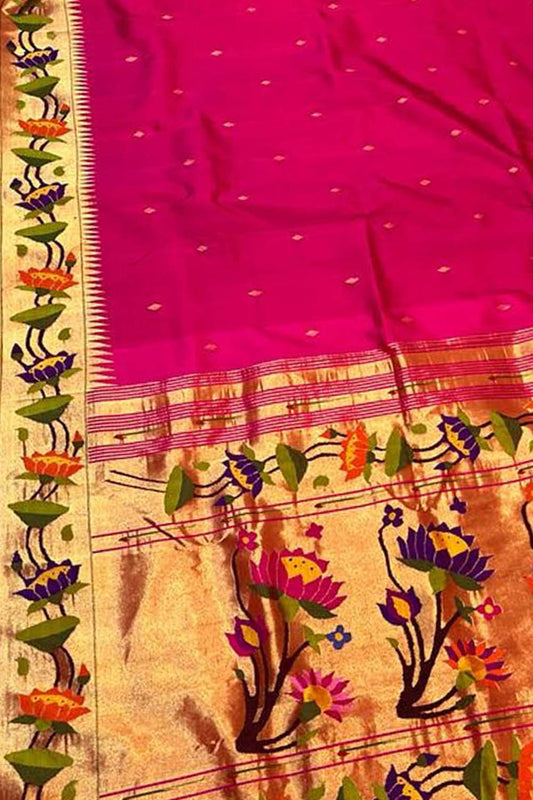 Pink Paithani Handloom Pure Silk Lotus Design Saree - Luxurion World