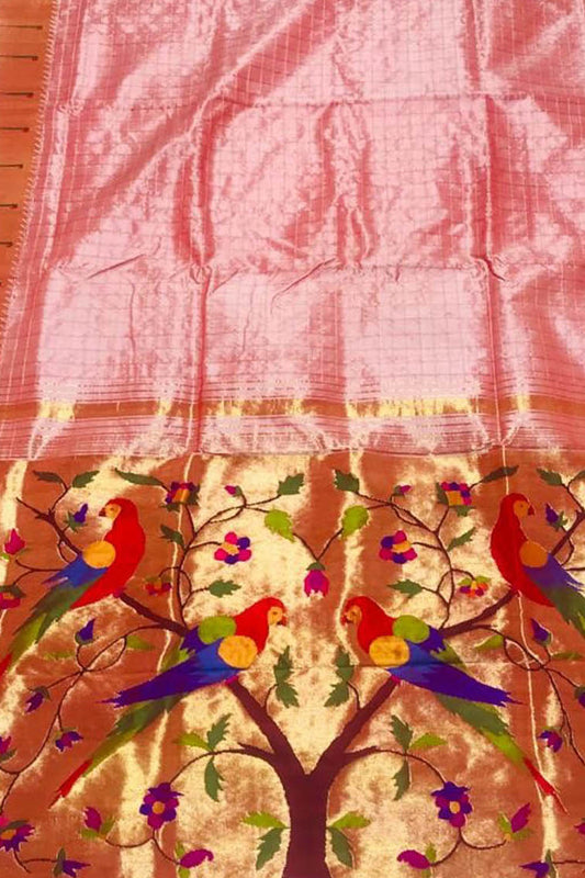 Pure Silk Pink Paithani Saree with Muniya Border - Handloom Beauty - Luxurion World