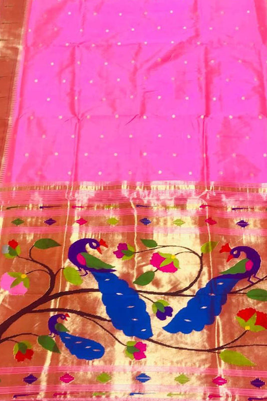Pure Silk Pink Paithani Saree with Muniya Border - Handloom Beauty - Luxurion World