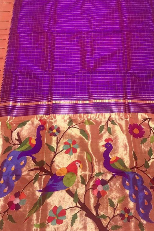 Stunning Purple Paithani Handloom Silk Saree with Muniya Border - Luxurion World