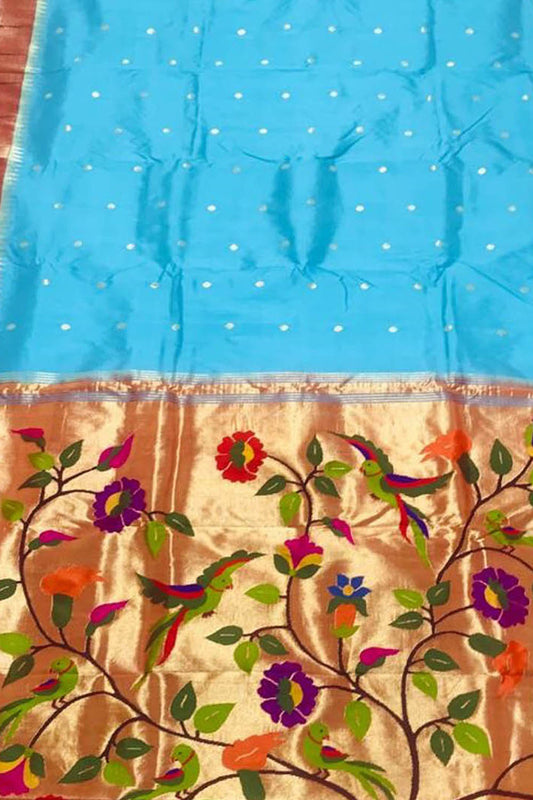 Stunning Blue Paithani Handloom Silk Saree with Muniya Border - Luxurion World
