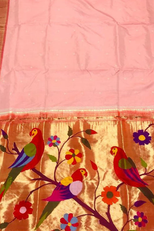 Pure Silk Pink Paithani Saree with Muniya Border - Handloom Beauty - Luxurion World