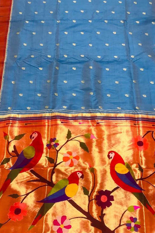 Stunning Blue Paithani Handloom Saree with Muniya Border - Pure Silk - Luxurion World