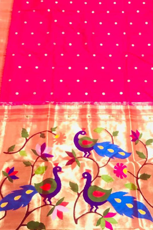 Pure Silk Pink Paithani Saree with Muniya Border - Handloom Beauty - Luxurion World