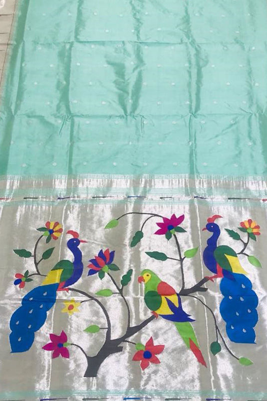 Pure Silk Blue Paithani Saree with Handloom Muniya Border - Elegant and Traditional - Luxurion World