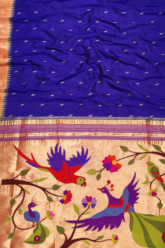 Blue Paithani Handloom Pure Silk Bird Design Muniya Border Saree - Luxurion World