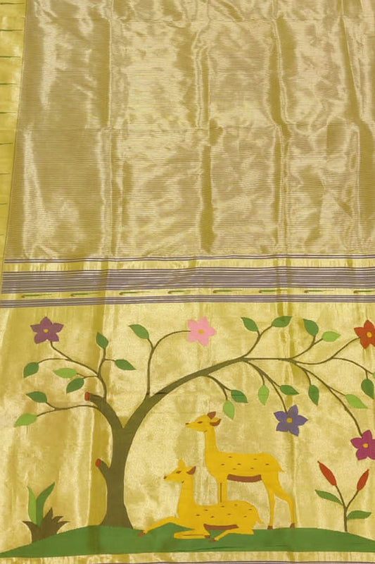 Yellow Paithani Handloom Tissue Pure Silk Muniya Border Saree - Luxurion World